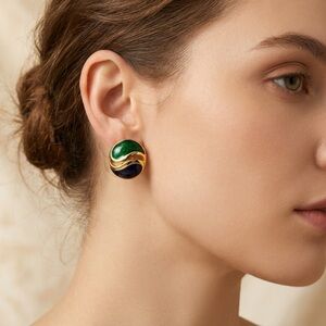 Vintage Enamel Chic Gold and Green Swirl Earrings